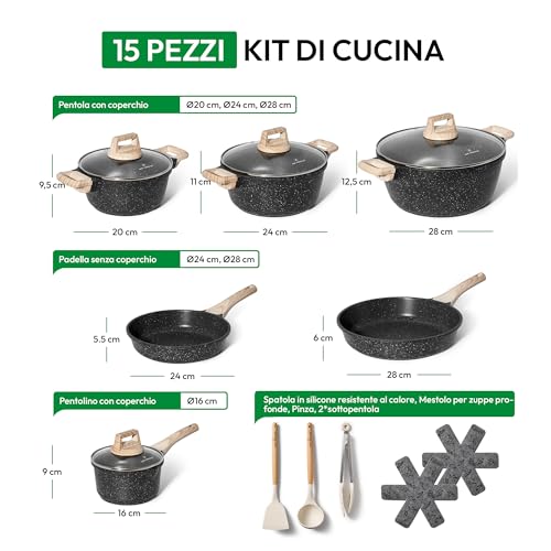 JUST PERFECTO Batteria Pentole e Padelle a Induzione, Set Padelle Antiaderenti Per tutti i piani cottura, Batteria di pentole antiaderente 24/28cm con Coperchi, set pentole induzione senza pfoa e ptfe - immagine 3