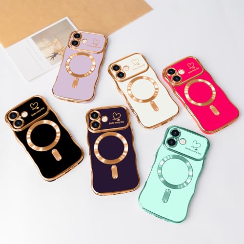 LCHULLE for iPhone 17 Case for Women Girls [Compatible with MagSafe] Cute Curly Wave Shape, Magnetic Love Heart Pattern with Camera Lens Cover Luxury Plating Shockproof Phone Case, Dark Purple by LCHULLE - Image 7