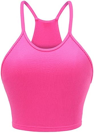 Attifall Ribbed Crop Tank Top for Women Seamless Racerback Spaghetti Strap Cami Workout Sports Cropped Tops(58016 Sonic Pink-L/XL)