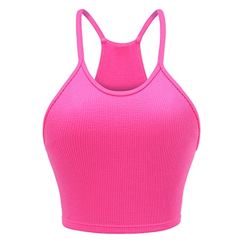 Attifall Ribbed Crop Tank Top For Women Seamless Racerback Spaghetti Strap Cami Workout Sports Cropped Tops(58016 Sonic Pink-L/Xl) #TOP21