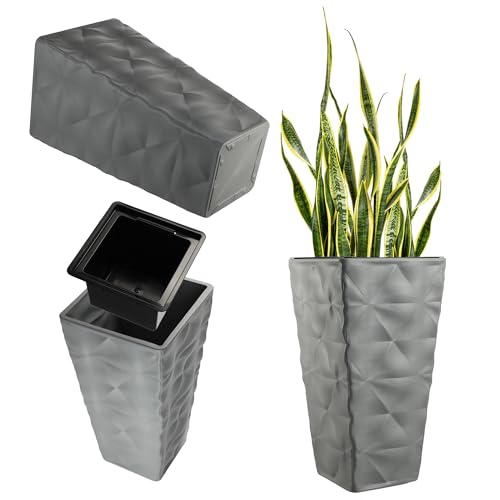 KADAX Blumentopf mit 3D Effekt, Blumenkübel aus Kunststoff in 4 Farben, Pflanzkübel mit Einsatz und praktischen Griffen, Kunststofftopf, Outdoor-Pflanzkübel, Innentopf (Grau Höhe: 55,5 cm)