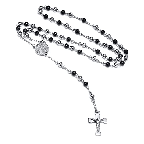 VNOX Unisex Black Stainless Steel Long Rosary Bead Chain Jesus Cross Catholic Crucifix Cross Necklace,36", Lava Stone