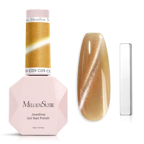 Image of MelodySusie Jeweliver Cat Eye Gel Nail Polish, 0.5 Fl Oz Gold Glitter Holographic Magnetic With Magnet, UV for Nail Art Manicure Salon DIY at Home-C09