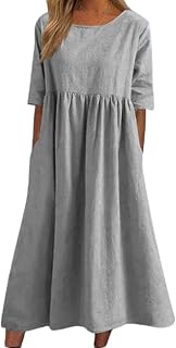 2023 Women's Cotton Linen Short Sleeve Round Neck Summer Dress for Women