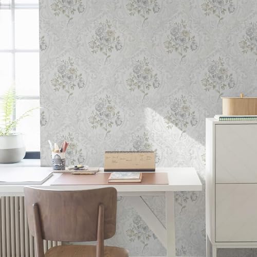 Ismoon Vintage Peel and Stick Wallpaper Floral Contact Paper Boho White and Grey Watercolor Damask Wallpaper Textured Removable Self Adhesive Vinyl Wall Paper for Bedroom, 17.3 in X 32.75ft by Ismoon - Used condition - Image 6