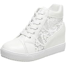 Hbeylia Womens Platform Chunky Sneakers Fashion Platform Hidden Heels Sneakers for Women Lace Crochet Lace Up Comfortable Lightweigt Chunky Bottom Canvas Shoes Loafers for Wedding Casual Wear
