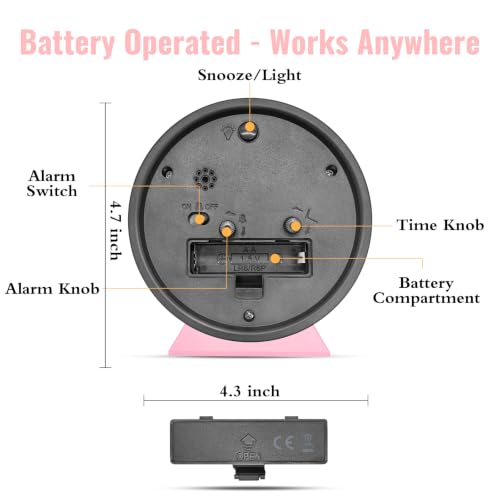 Image of 4.5 Inch Small Pink Analog Alarm Clock, Retro Battery Operated Desk Clock with Night Light Stays On 4 Seconds Vintage Metal Table Clock for Bedside, Nightstand, Bedroom, Office, Bathroom - Pink