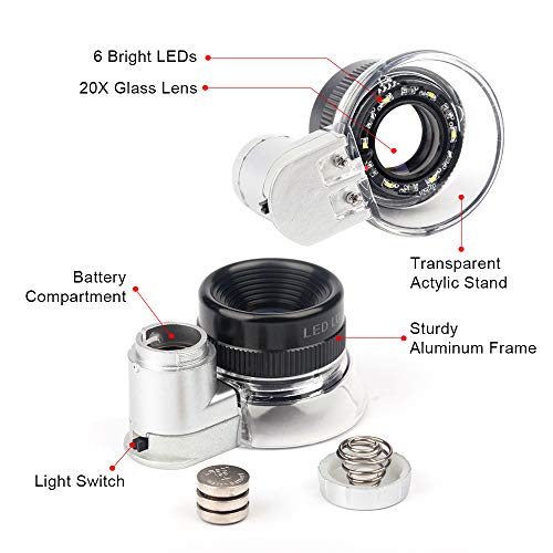 20X Jewelers Loupe Magnifier Yasorn Led Lighted Illuminated Magnifier Portable With Led Magnifying Triplet Glass Eye Loop Lens For Jewelry, Diamonds, Gems, Coins, Engravings, Stamp #TOP7