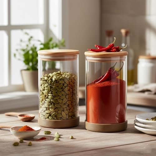 Image of Femora Borosilicate Glass Jars 1000ml Set of 2 | Wooden Airtight Lid | Silicon Base | BPA Free & Food Grade | Scratch Resistant | 1 Year Lid Warranty | For Cookies, Snacks, Spices | Transparent