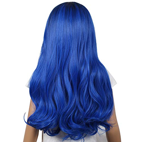 Kids Long Wavy Cosplay Wig With Crown For Halloween Costumes And Party (Dark Root Blue) #TOP3