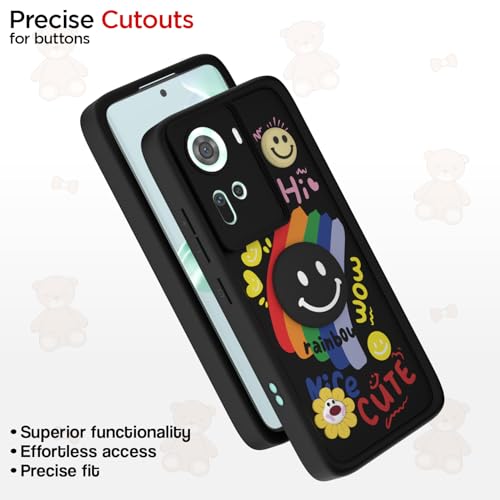 Image of Pikkme Back Cover for Oppo Reno 11 5G | Soft Silicone| Cute Rainbow Smile & 3D Cartoon Flower Design | Shockproof Raised Camera Protection Bumper Case (Black)