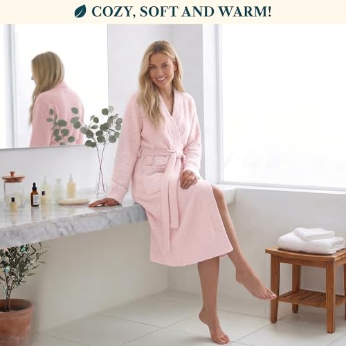 Image of PAVILIA Premium Plush Robe for Women, Soft Cozy Fuzzy Bathrobe with Pockets, Warm Mid-Length Lounge Robe with Tie Belt