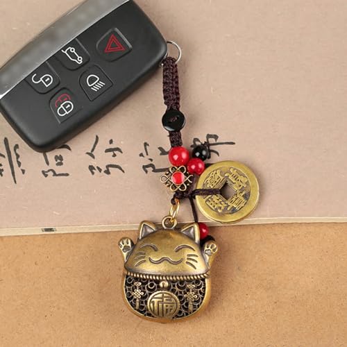 Mansiyuyee Brass Maneki Neko Lucky Cat Keychain with Feng Shui Coins, Maneki Neko Statue Good Luck Charms Lucky Tassel