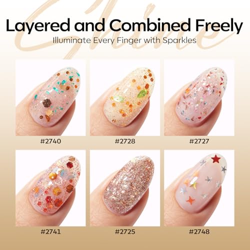 Image of modelones Glitter Gel Nail Polish Set, 6 Colors Geometric Shapes Star Gold Glitter Ornament Gel Polish Collection with Wooden Stick All Seasons Soak Off LED Manicure DIY Gift