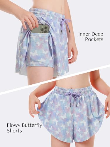 Image of Stelle Girls Flowy Shorts with Pockets Athletic Running Skirt High Waist Butterfly 2 in 1 Sports Short 5-16 Years
