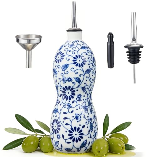 KINHARBOR 20oz Vintage Ceramic Olive Oil Dispenser Bottle, Gourd Shape Blue and White Porcelain Oil Bottle with Spout and Funnel,Drip-Free Cruet, for Oil, Vinegar, Soy Sauce, Coffee Syrup, Liquids