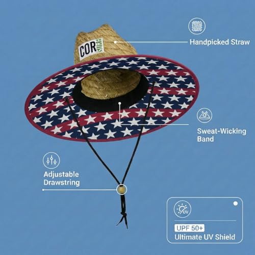 Image of COR Surf Straw Hats for Men and Women Classic Lifeguard Sun Hat with UPF 50+ Cloth Printed Under The Beach Hat