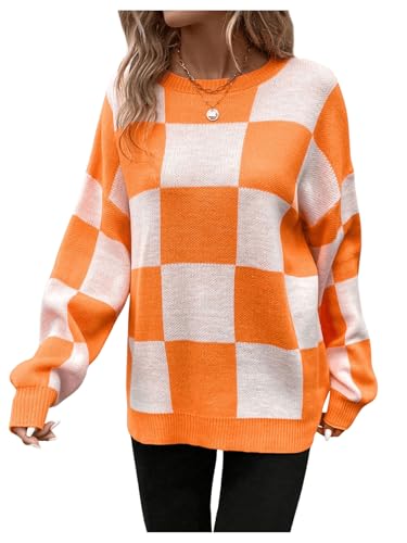 SHENHE Women's Checkered Color Block Oversized Sweater Plaid Crew Neck Drop Shoulder Pullovers4