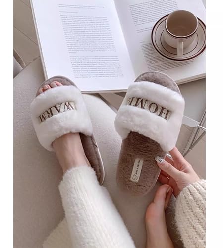 ZQW Women Minimalist Fuzzy Plush Slippers Aesthetic Open Toe Non-Slip Slides Lazy Comfy Cozy Indoor House Shoes Fall Winter4