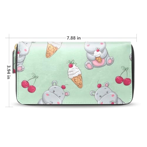 Long Wallets Leather Bifold Wallet for Women Ice Cream Cherry Hippo with Zipper Credit Card Holder Large Capacity2