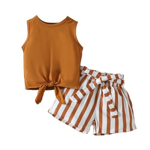 Yoxindax Toddler Kid Girls Clothes Hem Knotted Tank Top Striped Belted Shorts Summer 2 Piece Outfit(7-8T)
