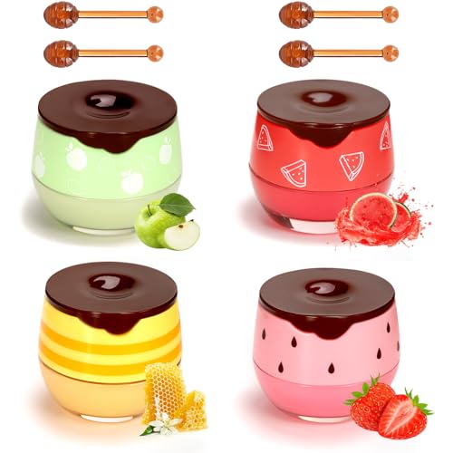 Bee Lip Balm Honey Pot,4pcs Bee Lip Mask Moisturizing Overnight,Hydrating Reduce Lip Lines, Stocking Stuffers for Women,Propolis Prevention Dry Cracked Lip Scrubs Plumping Exfoliator
