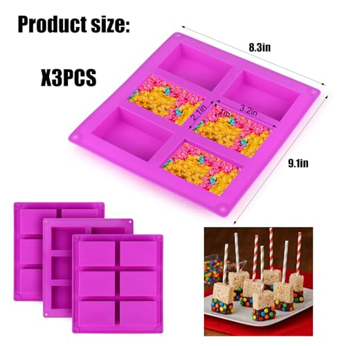 Palksky Rice Snacks Molds for Rice Krispies Treats Baking, 3pcs 6-Cavityrice Cereal Bars Trays for Crispy Treat Making, Candy Making Supplies for Chocolate Brownie Cornbread Pudding Butter Mould