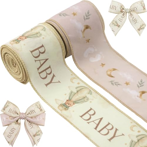 YKW 2.5 Inch Cream Sage Green Ribbon Wired Edge Teddy Bear Hot Air Balloon Ribbon for Gender Neutral Baby Shower Woodland Nursery Diaper Cake Gift Wrapping Wreath Bows, 2 Rolls, 10 Yards