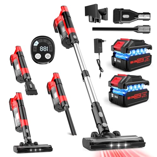 700W Cordless Vacuum Cleaner,60KPa/70 Mins Stick Vacuum with 2×4.0 Ah Removable Batteries, 6-IN-1 Handheld Vacuum Cleaner with Anti-Tangle Brush,LED Display, Powerful Vacuums for Pet Hair/Carpet/Floor