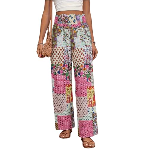 Wide Leg Linen Pants for Women Floral Smocked Elastic Waist Dress Pants Tummy Control Summer Boho Flowy Palazzo Pant