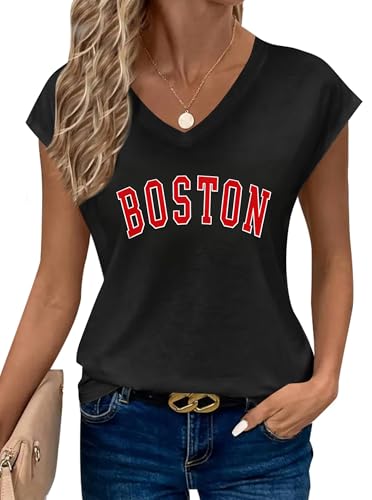 Avanova Women New York Graphic Tee V Neck T Shirt Black Boston Small