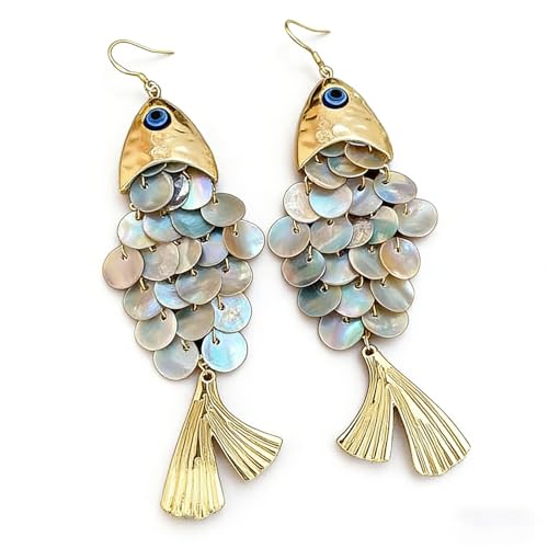 Boho Fish Earrings for Women Gold Large Fish Drop Earring Whimsical Resin Scale Dangle Earrings Quirky Bohemian Statement Earring Summer Beach Jewelry Gifts (gold)