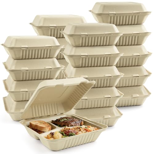 Mat Board Center, 9-inch, 200-Count, 3-Compartment Compostable Clamshell, Bamware (Bamboo Fiber), Take-Out/to-Go Food Boxes -Containers, Hinged Lid - Microwave-Safe - Gluten-Free