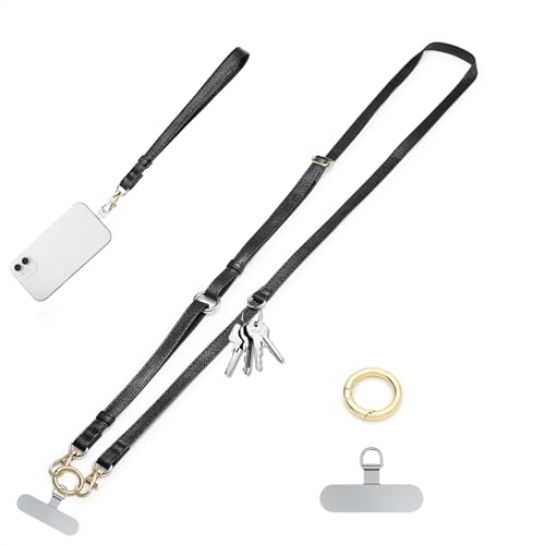 Clip and Go Phone Strap Crossbody Wrist 2 in 1 Leather Lanyard with Tether Hanging Loops Adjustable Anti-Theft Purse Replacement Handbag Long Thin Shoulder Neck Straps for All Phones Keys Bags Black