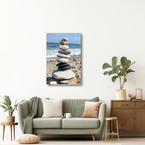 LZIMU Zen Wall Art Pebble Stones Beach Waves Canvas Prints Yoga Spa Meditation Painting for Spiritual Room Bathroom Office Decoration (Zen-1 - Image 2