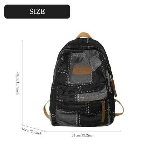 Denim Backpack for Women, Y2K Grunge Aesthetic Canvas Daypack, Stylish Durable Jean Backpack, Vintage Rucksack for Travel Casual Use (Black)4