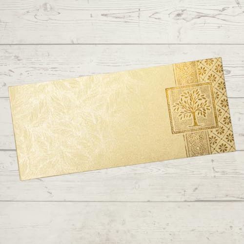 Image of Pack of 25, Rectangle Shape Metallic Paper Shagun Envelopes for Gifting Sagan Lifafa Wedding Occasion Cash Money, 18 X 8 cm, Cream Color - Gold Tree Design