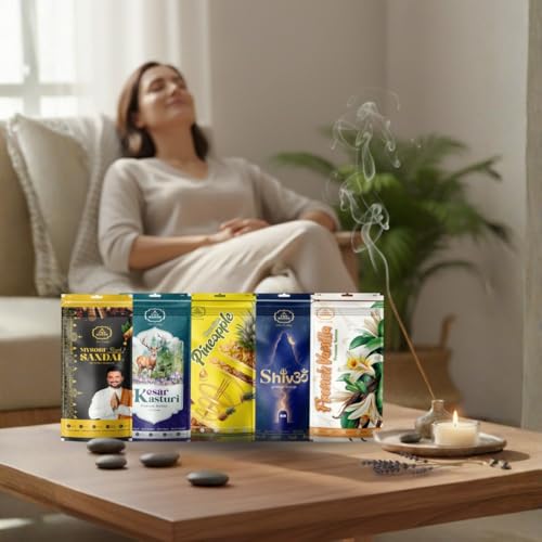 Image of Twohands Agarbatti Combo Pack 5x100g - French Vanilla, Hawaiian Pineapple, Kesar Kasturi, Mysore Sandal & Shivom Temple Divine | Premium Masala Incense Sticks | for Puja, Meditation & Home Fragrance