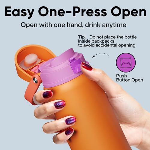 Image of Insulated Water Bottle with Straw - Encool Stainless Steel Water Bottle with Push Button Lid, Leak-Proof & BPA-Free, Keeps Cold for 24 Hours for Sports, Travel, Gym (32 oz, Tiger Eye)