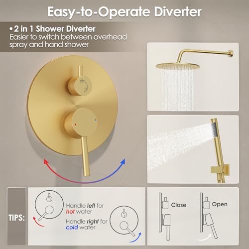 Image of Gabrylly Brushed Gold Shower System with Rough-in Valve, 10 Inch Wall Mounted High Pressure Rainfall Shower Head with Handheld Combo, Luxury All Metal Bathroom Shower Faucet Fixtures Complete Set