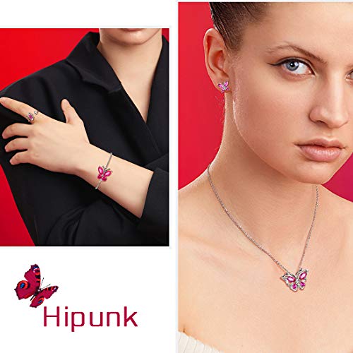 Hipunk Butterfly Red Jewelry Sets Birthstone Women 925 Sterling Silver July-Ruby Birth Stone Animal Butterflies Jewelry Sets/Earring/Ring/Bracelet Set Crystal Birthday Jewelry Ss0003R #TOP1