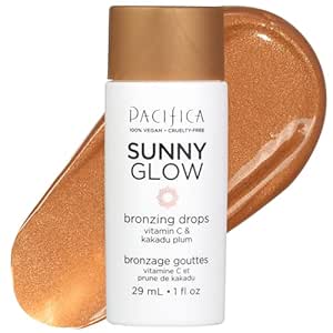 Pacifica Sunny Glow Liquid Face Bronzer Drops - Face Makeup Bronzing For Face &amp; Cheeks for Instant Sun-Kissed Glow - Vitamin C &amp; Glycolic Acid Infused Liquid Bronzer Illuminating Highlighting Clean