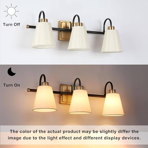 Image of KSANA Bathroom Wall Light Fixtures, 3-Light Gold Black Vanity Light with White Fabric Shades, Modern Vintage Wall Lamp Over Mirror for Powder Room, Hallway