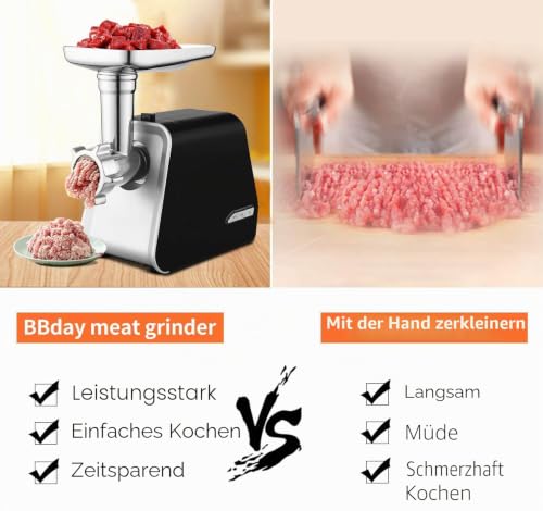 Foto von COOCHEER Elektrischer Fleischwolf & Wurstmaschine 3-IN-1 Multi Fleischwolf mit 3 Edelstahl-Schleifplatten und Wurstfüllrohren für den Hausgebrauch, Schwarz