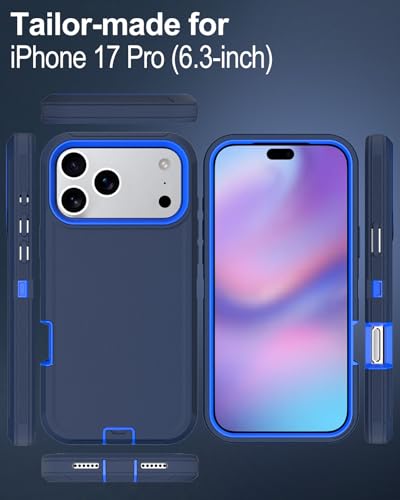 Image of for iPhone 17 Pro Case with Port Cover, Rubber Matte, Blue | 3-Layer Heavy Duty Armor, 16ft Drop Protection, Non-Slip Shockproof & Anti-Fingerprint