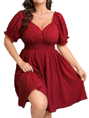Image of SCOMCHIC Womens Plus Size Summer Dresses Casual Sun Dress Sweetheart V Neck Puff Short Sleeve Smocked A Line Mini Dress