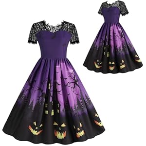 Sunshine smile Damen Halloween Kostüm Frau, Halloween Spitzenkragen Midikleid, Halloween Kostüm Damen Sexy Gruselig, Cosplay Cocktail Party Kleider, Kürbis Fledermaus Bedruckte Kleider