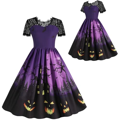 Sunshine smile Damen Halloween Kostüm Frau, Halloween Spitzenkragen Midikleid, Halloween Kostüm Damen Sexy Gruselig, Cosplay Cocktail Party Kleider,...