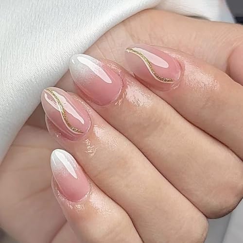 Image of Ombre Pink Press on Nails with Gold Glitter Line Fake Nails Shimmery Design Stick on Nail Glossy Full Cover Short Almond for Women Manicure 24Pcs