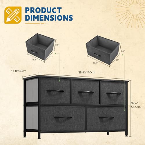 DWVO 5 Dresser for Bedroom, Fabric 5 Drawers, Chest of Drawers for Closet, Black Dresser & Chest of Drawers